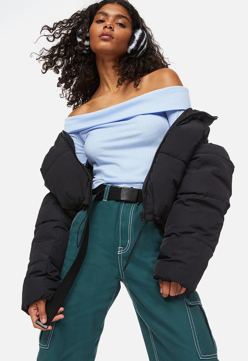 H&M - Off-the-shoulder ribbed top - light blue