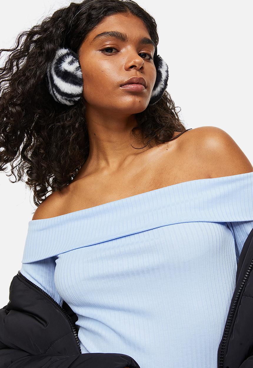 H&M - Off-the-shoulder ribbed top - light blue