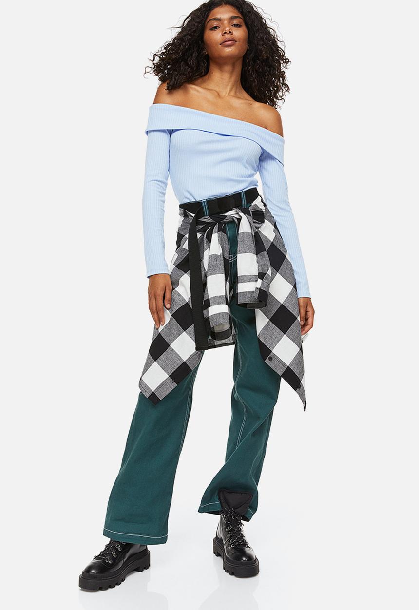 H&M - Off-the-shoulder ribbed top - light blue