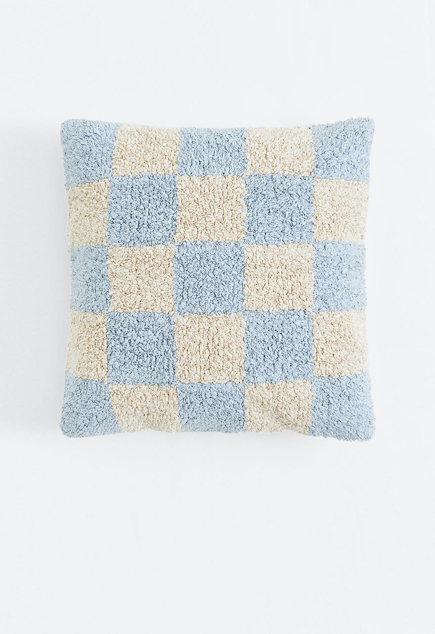 H&M - Tufted cotton cushion cover - light blue/checked