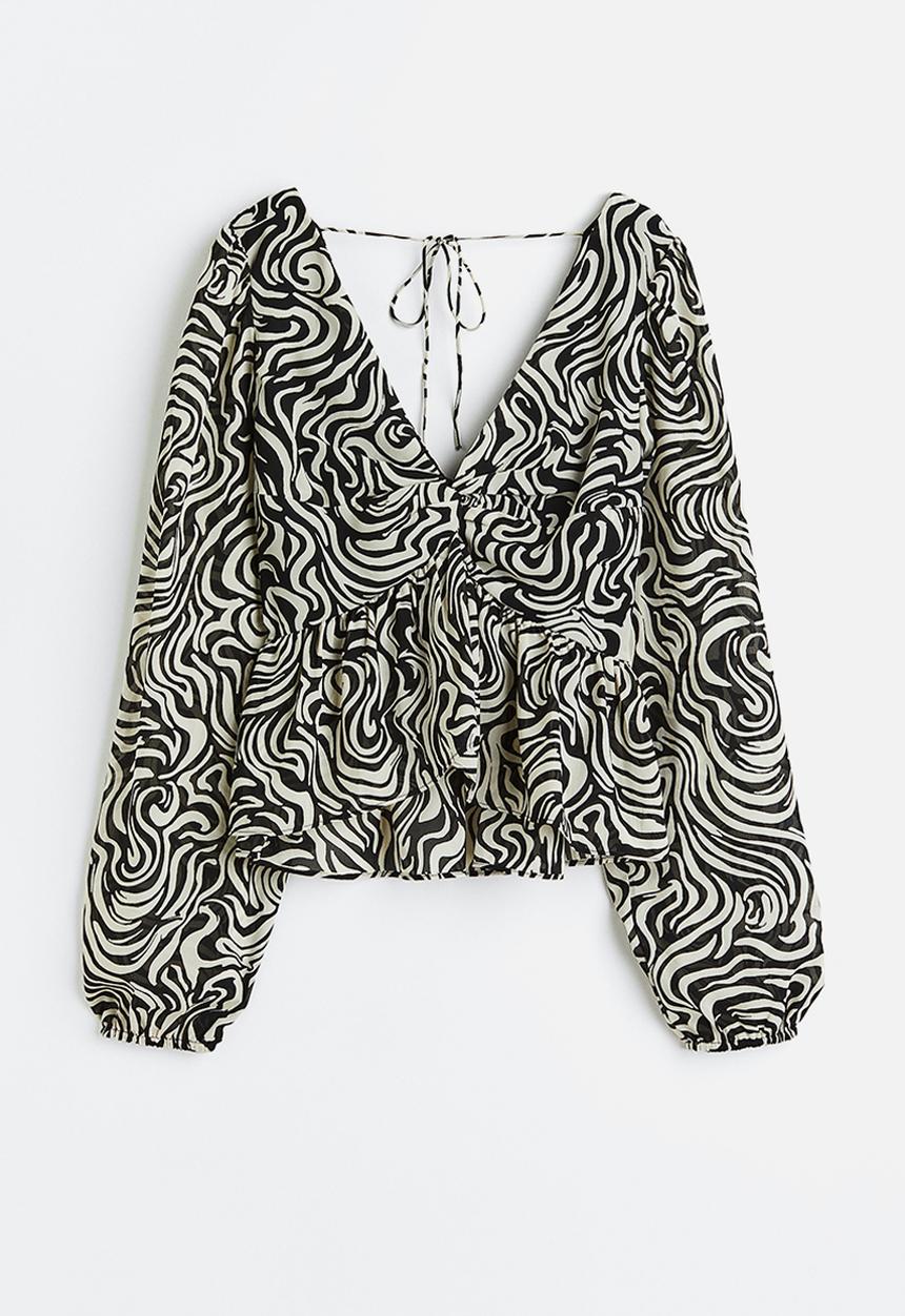 H&M - Balloon-sleeved peplum blouse - black patterned