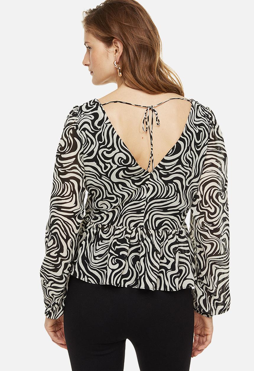 H&M - Balloon-sleeved peplum blouse - black patterned