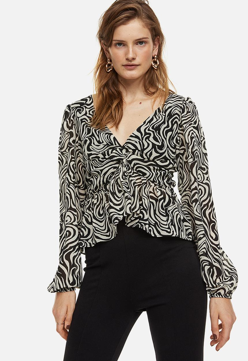 H&M - Balloon-sleeved peplum blouse - black patterned
