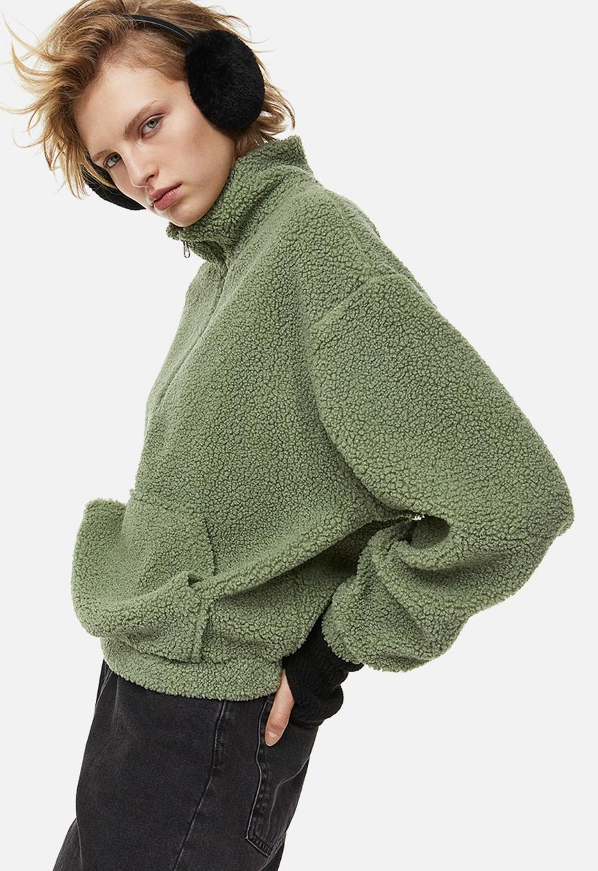 H&M - Zip-top teddy sweatshirt - khaki green