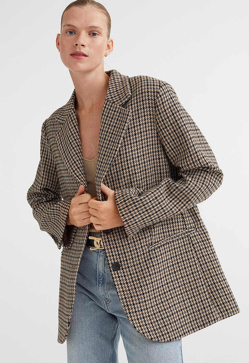 H&M - Oversized belted jacket - beige/checked