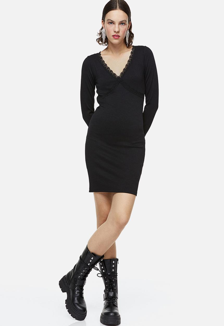 H&M - Lace-trimmed ribbed dress - black