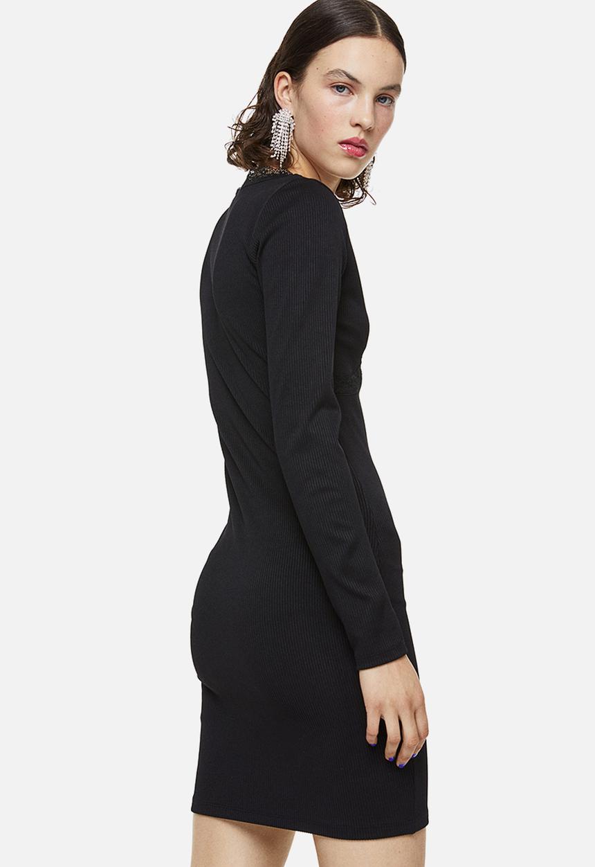 H&M - Lace-trimmed ribbed dress - black