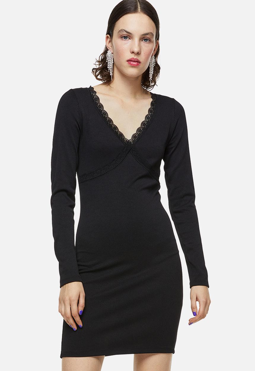 H&M - Lace-trimmed ribbed dress - black