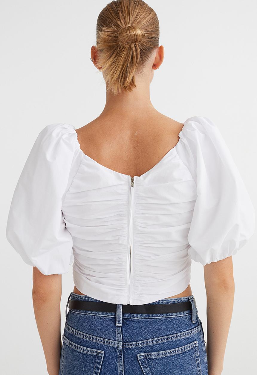 H&M - Gathered puff-sleeved top - white