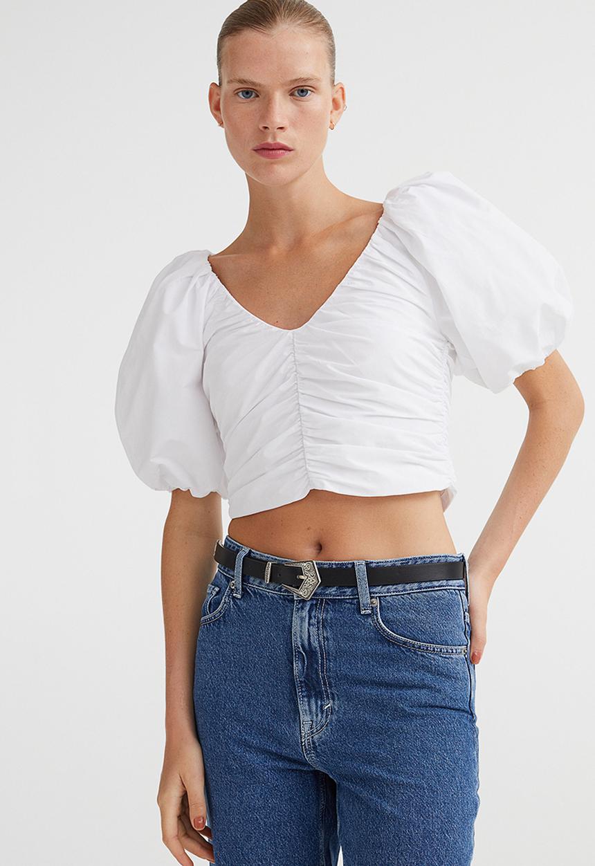 H&M - Gathered puff-sleeved top - white