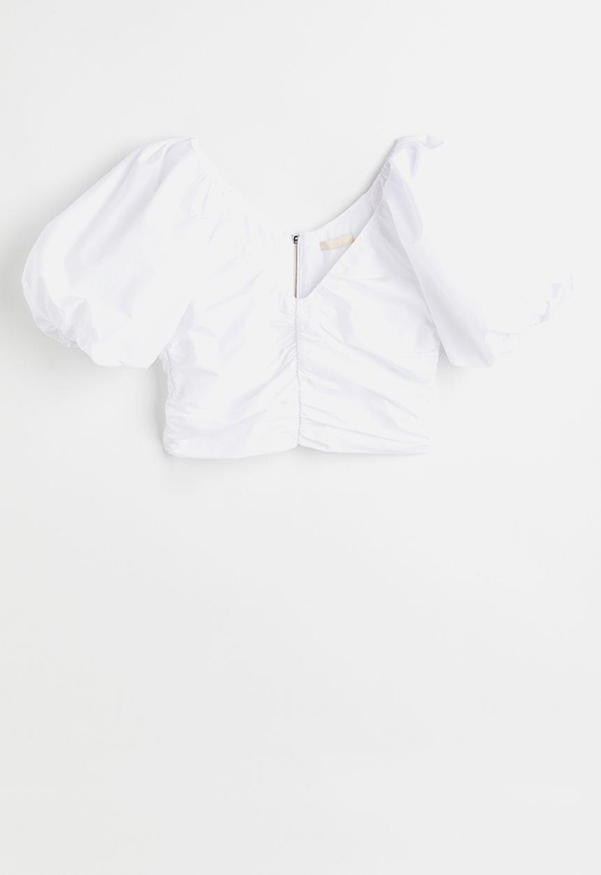 H&M - Gathered puff-sleeved top - white