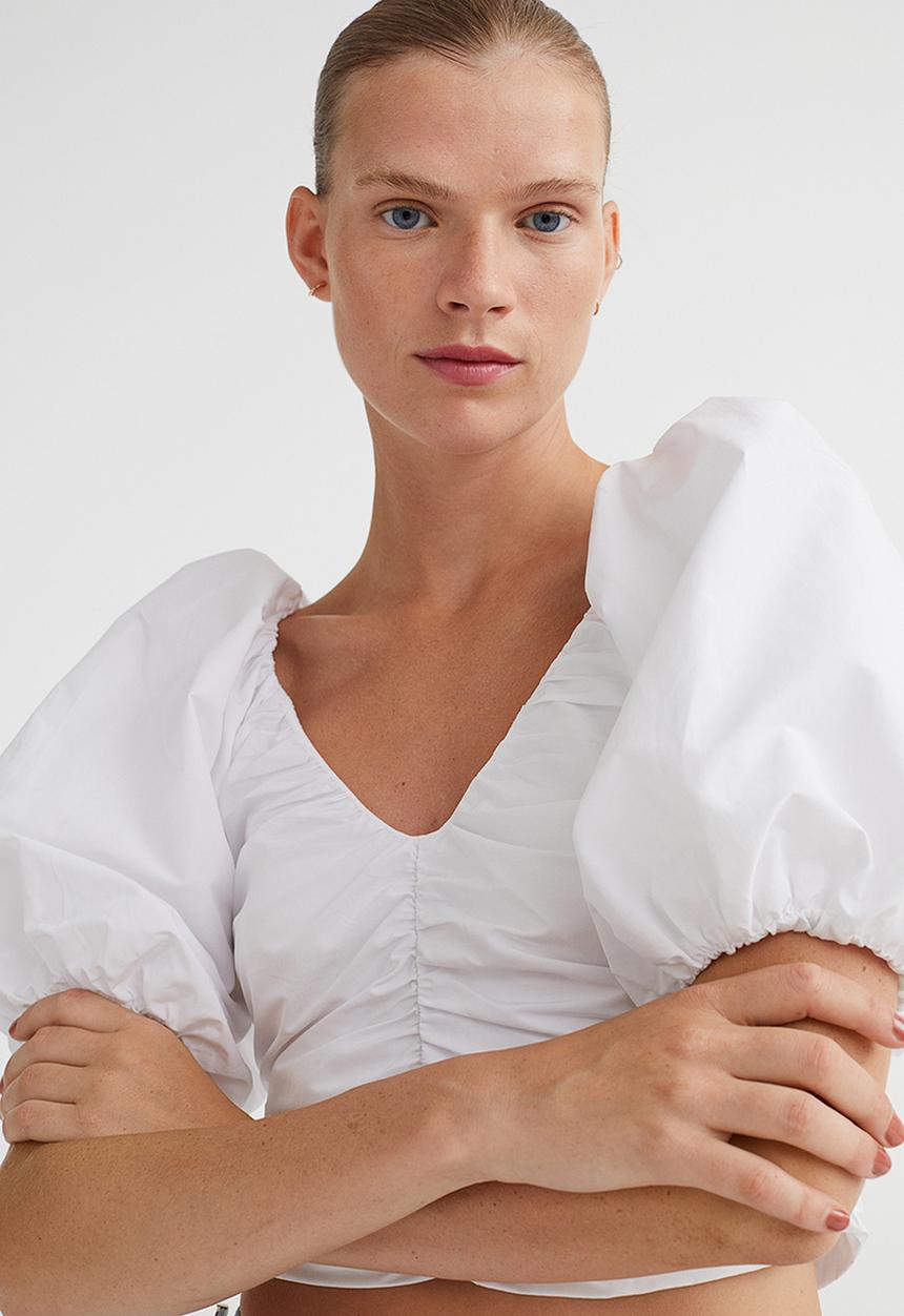 H&M - Gathered puff-sleeved top - white