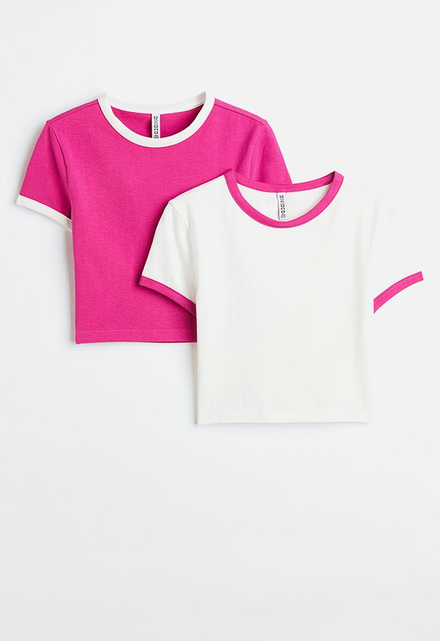 H&M - 2-Pack cropped tops - cerise/white