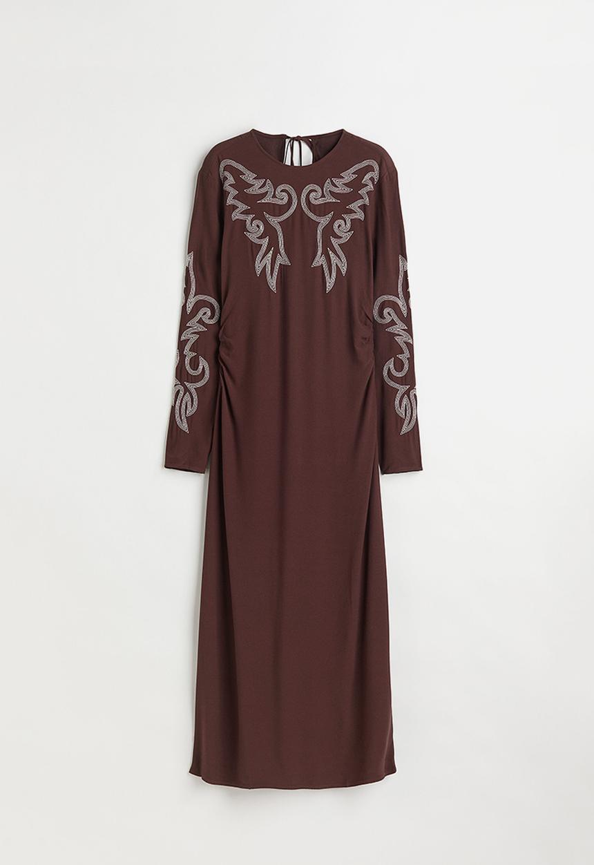 H&M - Dress with embroidery - dark brown/light beige