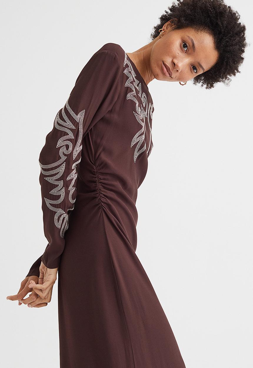 H&M - Dress with embroidery - dark brown/light beige