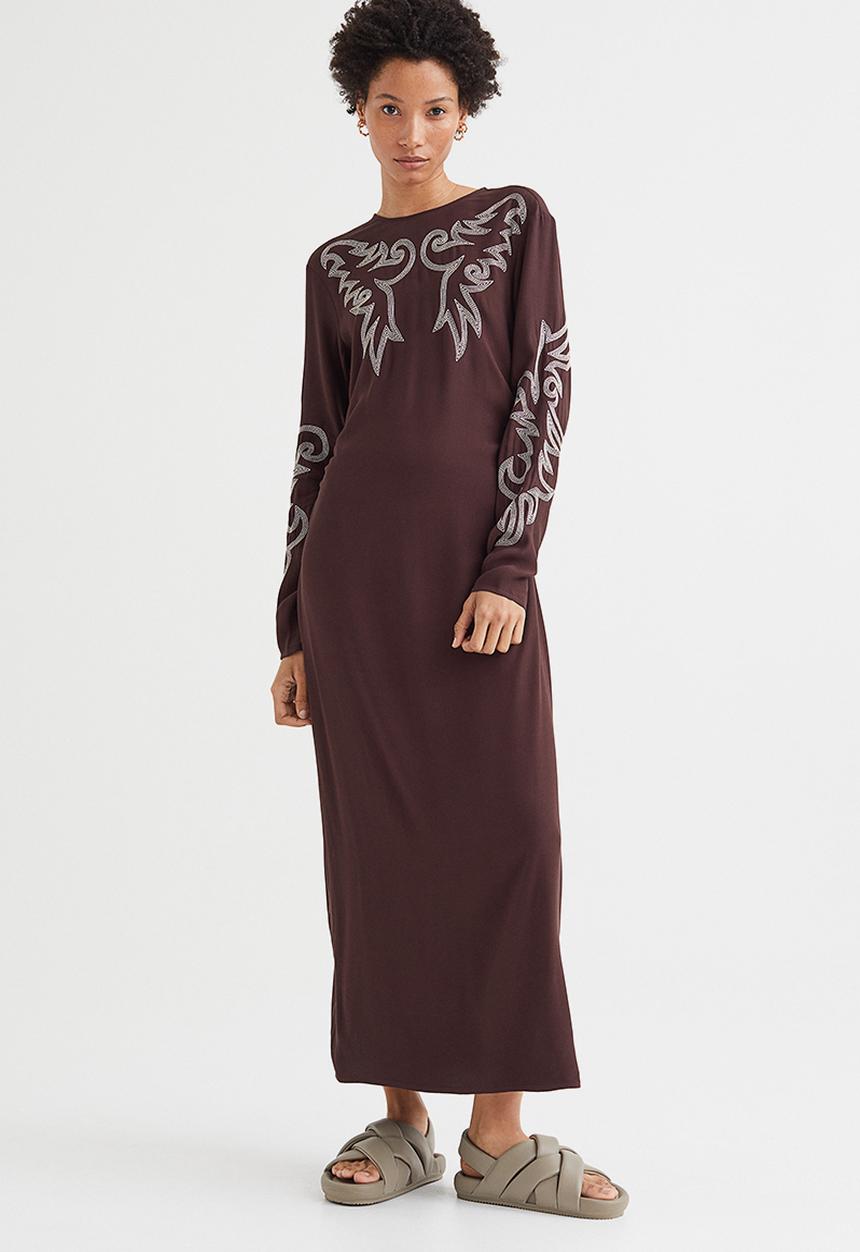 H&M - Dress with embroidery - dark brown/light beige