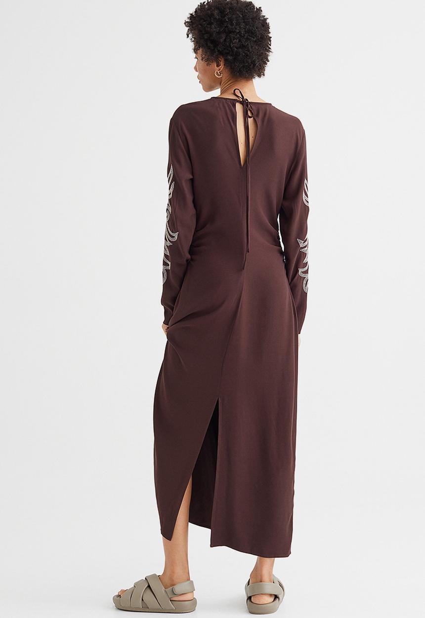 H&M - Dress with embroidery - dark brown/light beige