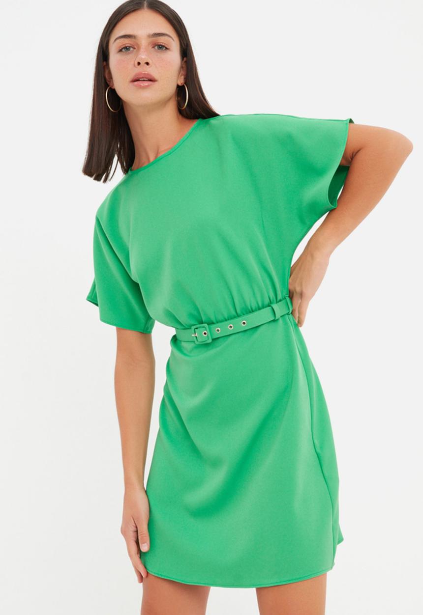 Trendyol - Belted short sleeve a-line dress - green