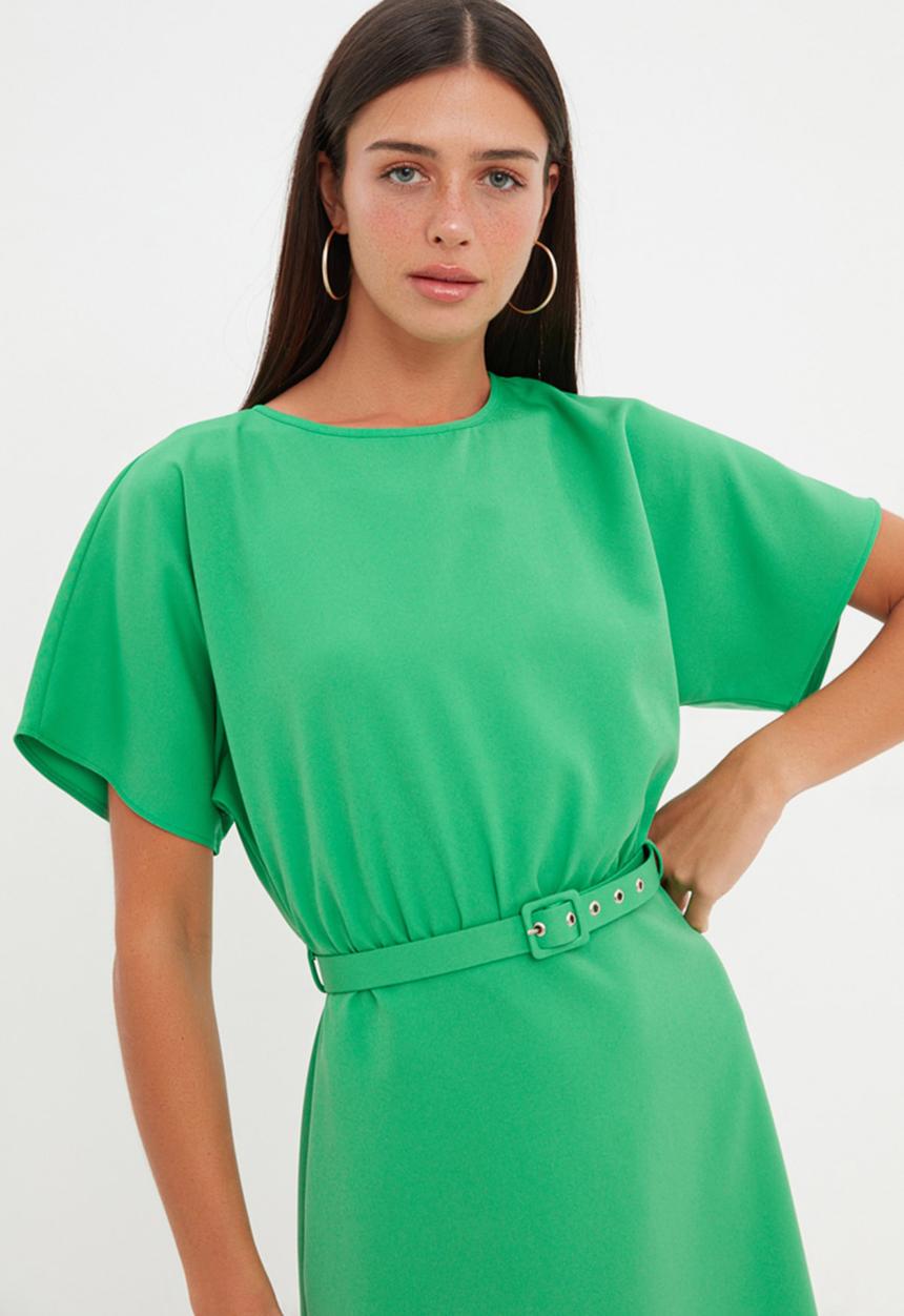 Trendyol - Belted short sleeve a-line dress - green