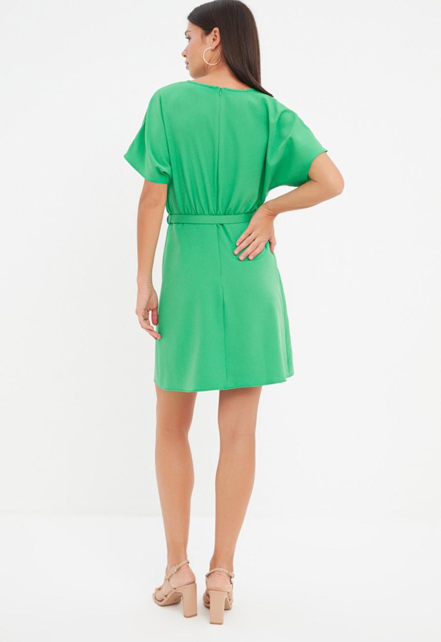 Trendyol - Belted short sleeve a-line dress - green