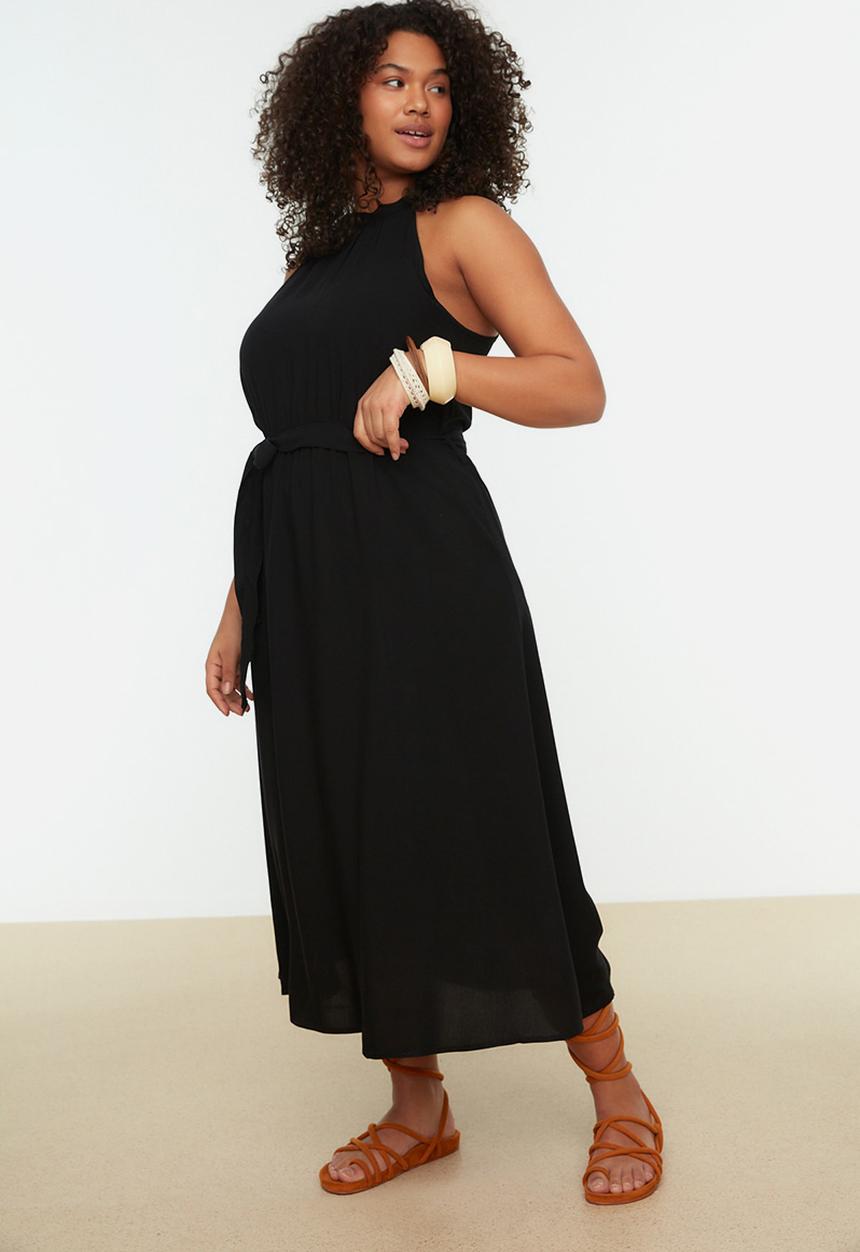 Trendyol - Plus halter neck mock wrap dress - black