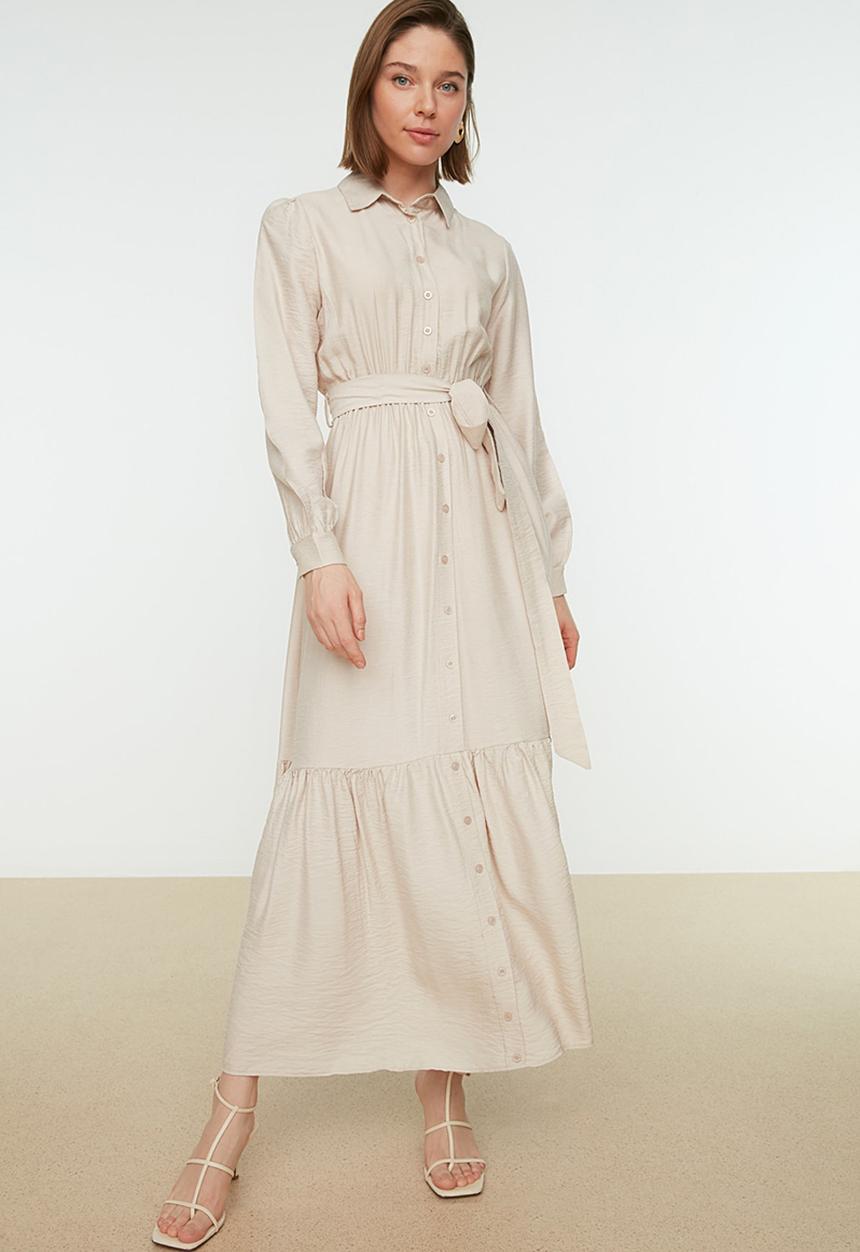 Trendyol - Modest collared longsleeve A-line full length dress - beige