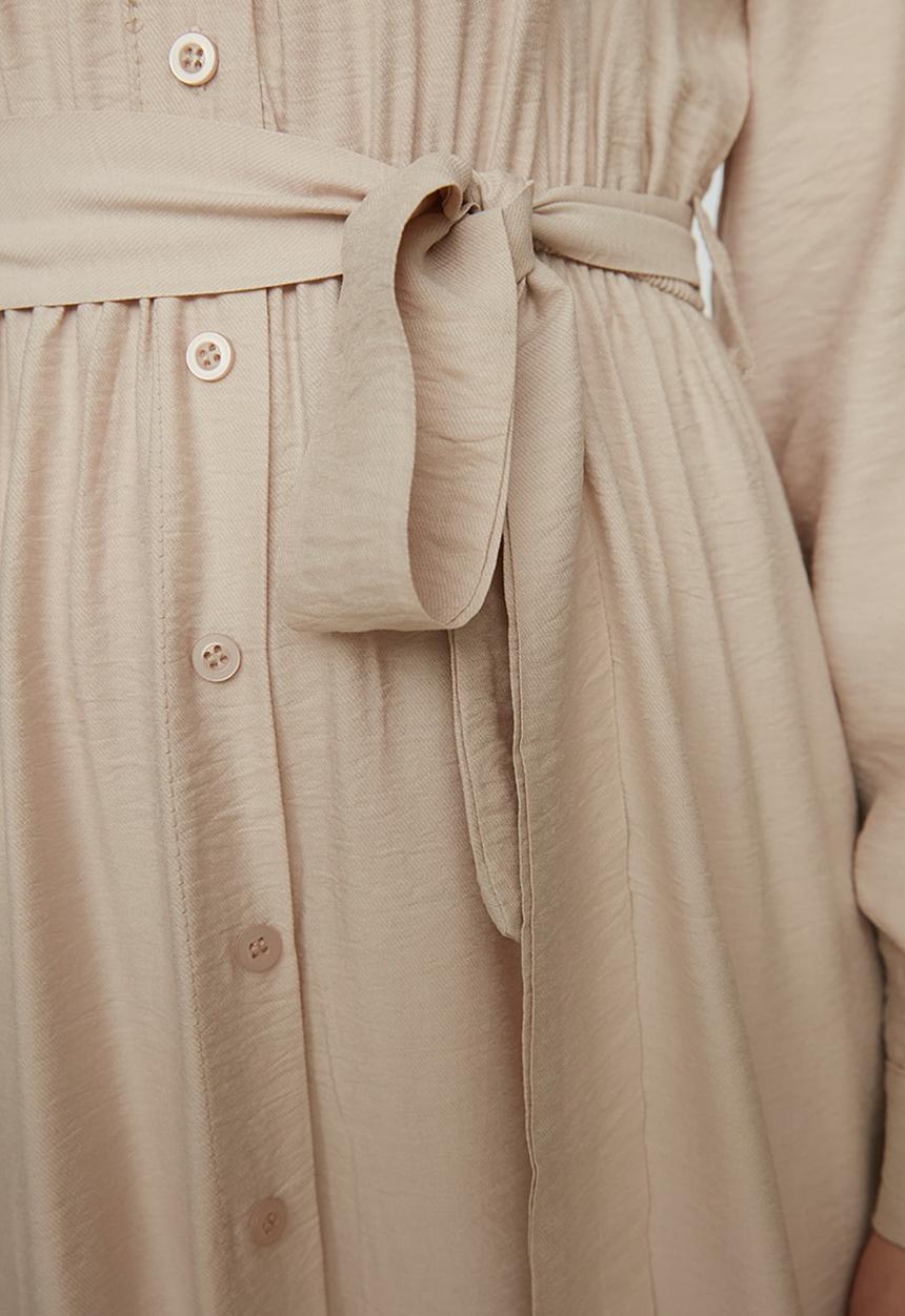Trendyol - Modest collared longsleeve A-line full length dress - beige