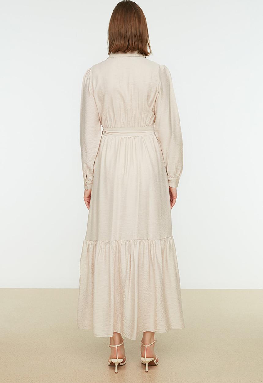 Trendyol - Modest collared longsleeve A-line full length dress - beige
