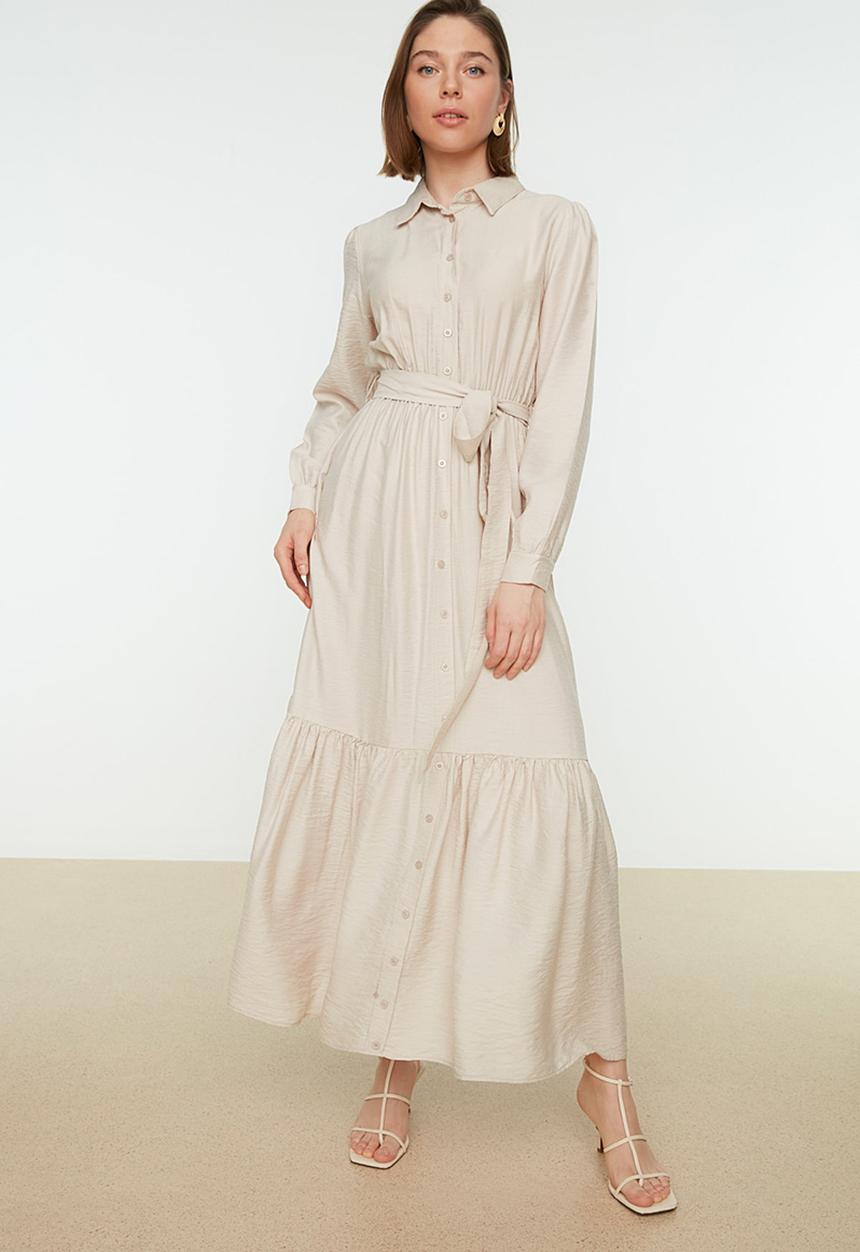 Trendyol - Modest collared longsleeve A-line full length dress - beige