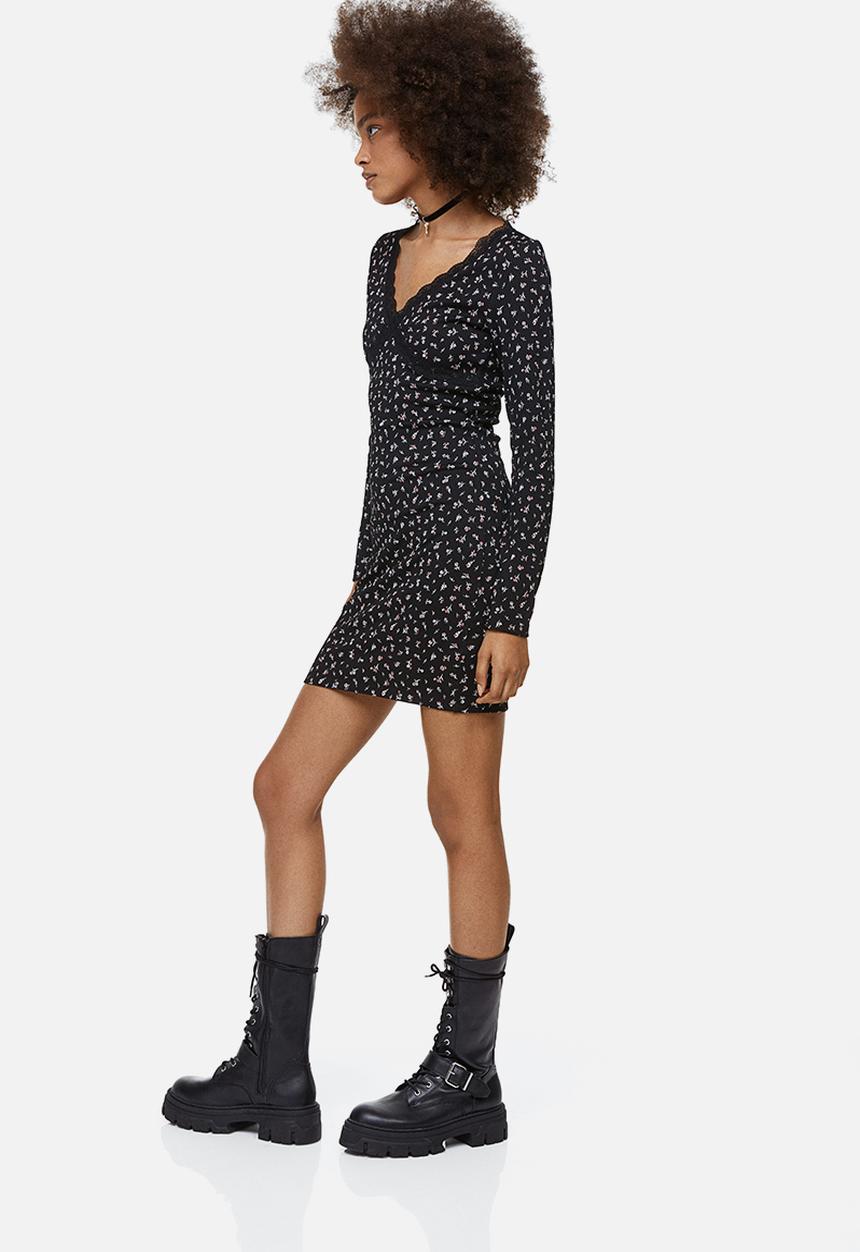H&M - Lace-trimmed ribbed dress - black/floral