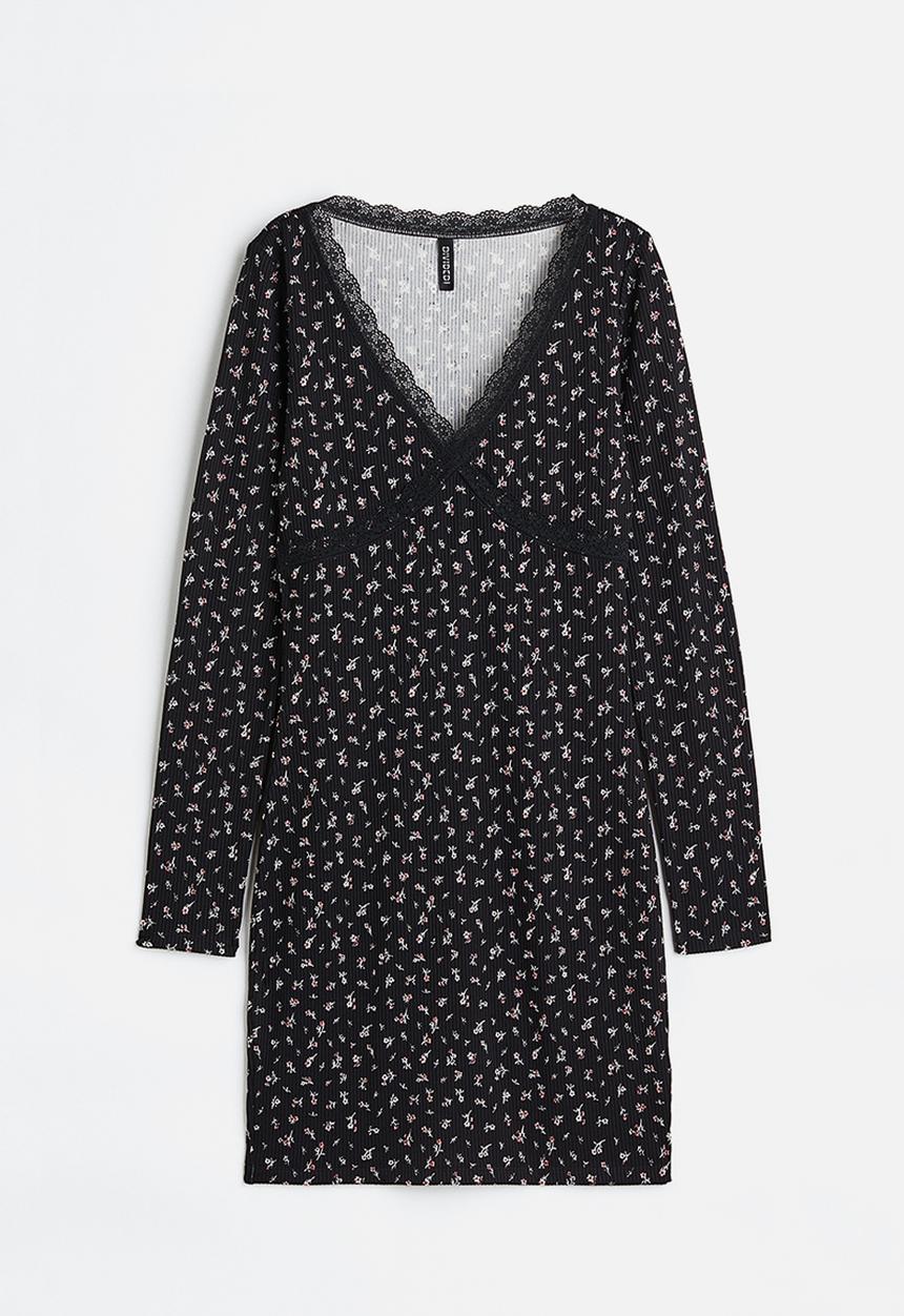 H&M - Lace-trimmed ribbed dress - black/floral
