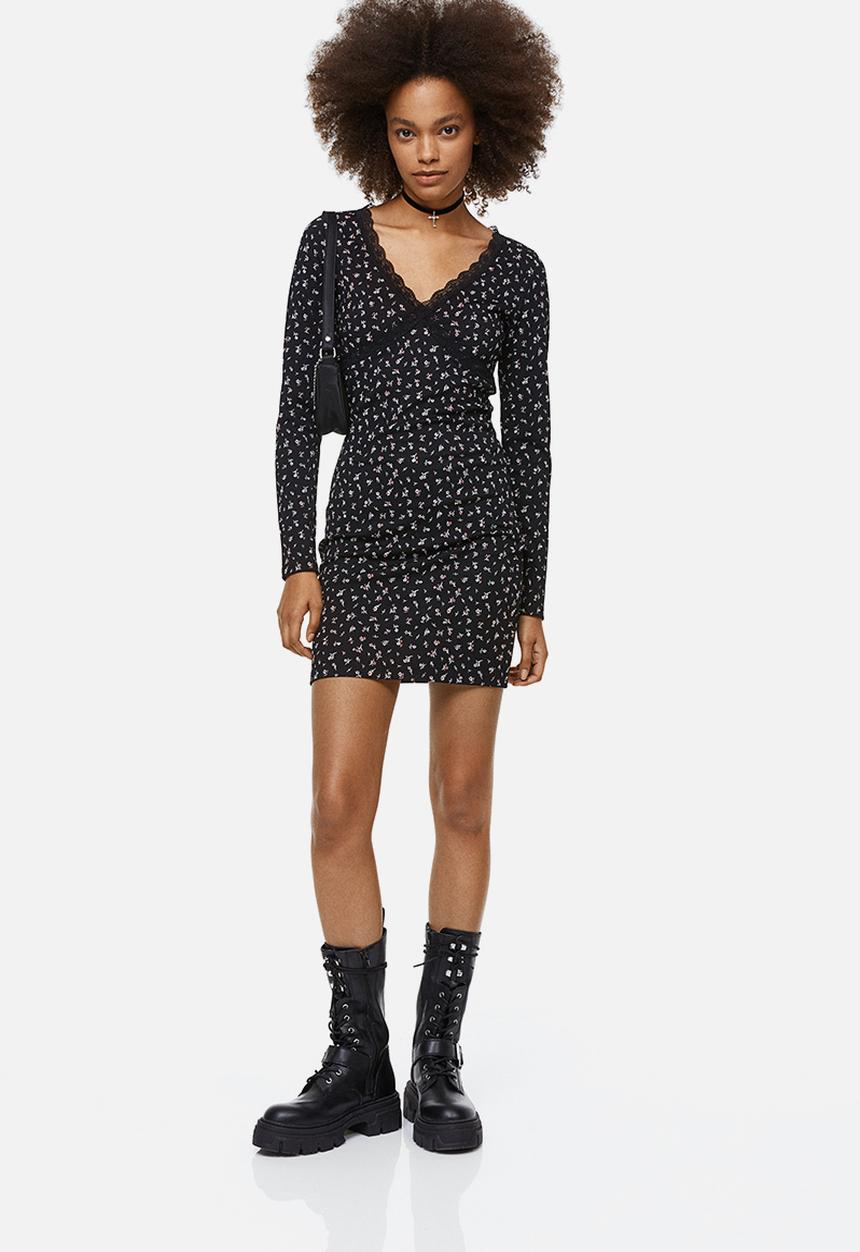 H&M - Lace-trimmed ribbed dress - black/floral
