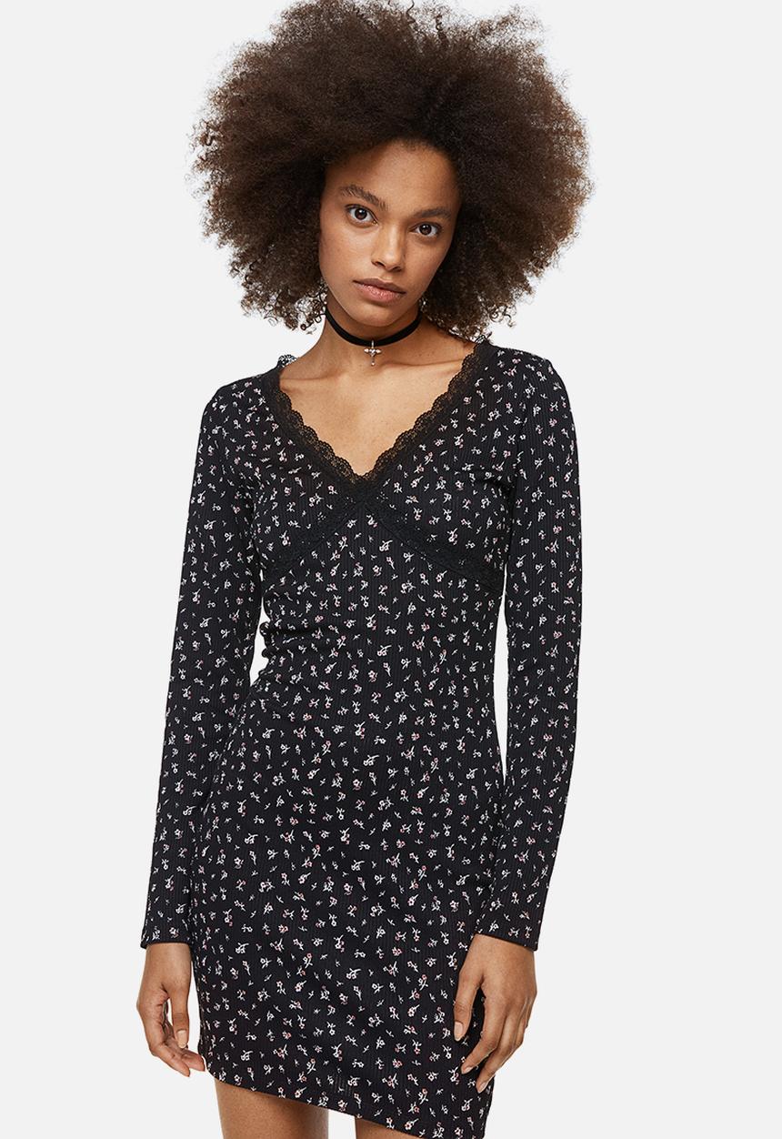 H&M - Lace-trimmed ribbed dress - black/floral