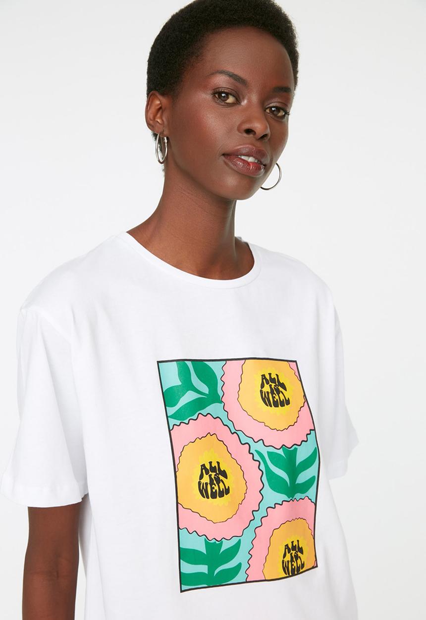 Trendyol - Graphic Boyfriend T-Shirt - White