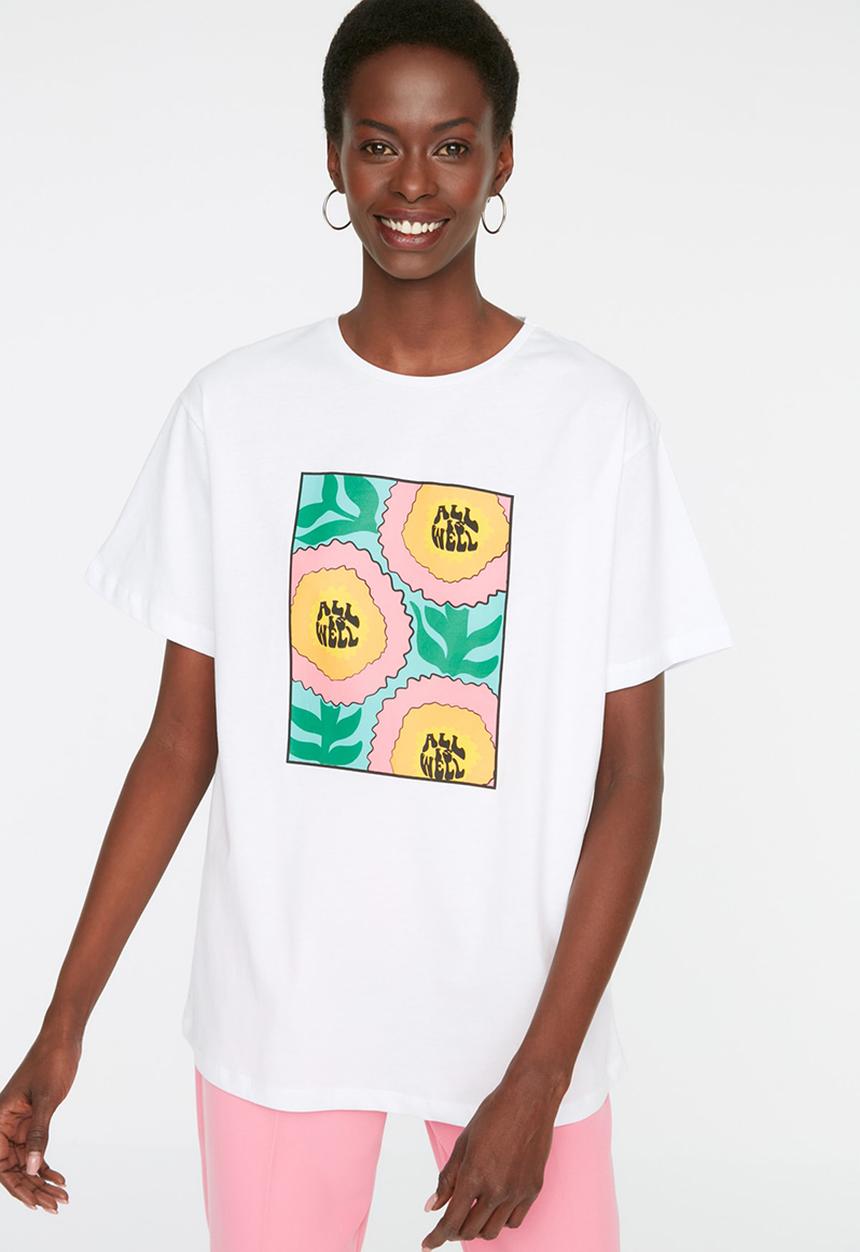 Trendyol - Graphic Boyfriend T-Shirt - White