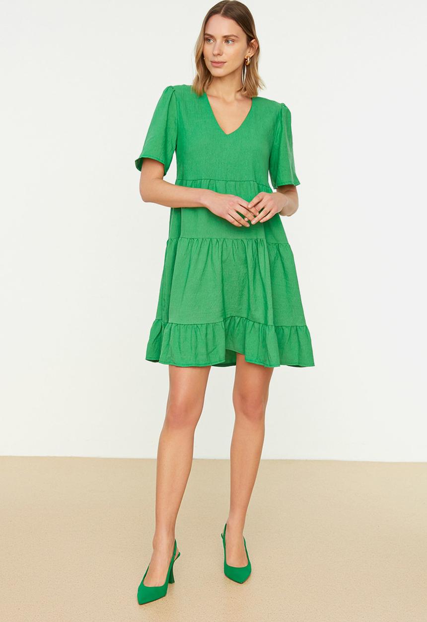 Trendyol - V-Neck Short Sleeve Panelled Shift Dress - Emerald Green