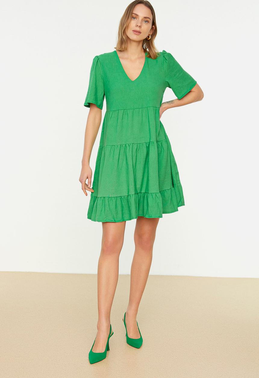 Trendyol - V-Neck Short Sleeve Panelled Shift Dress - Emerald Green