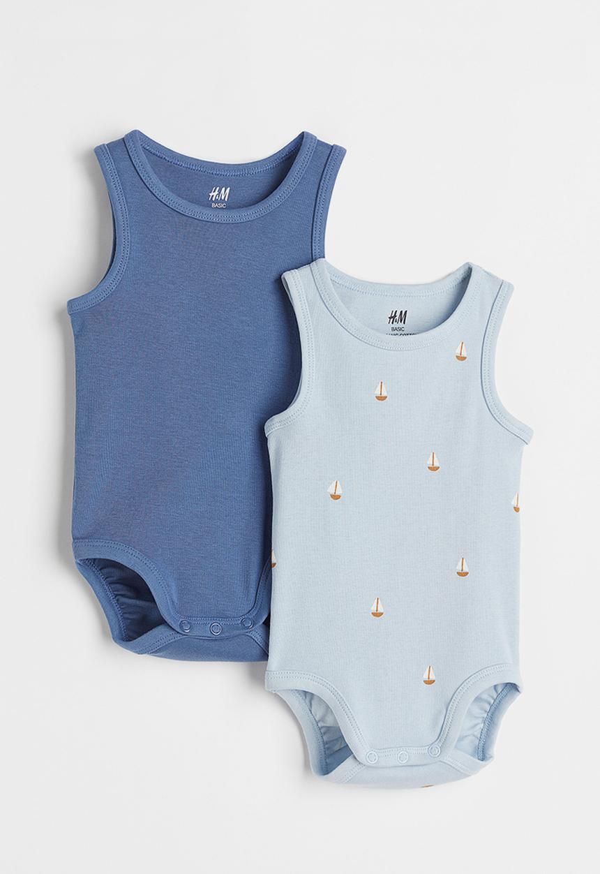 H&M - 2 Pack sleeveless cotton bodysuits - light blue/sailing boats