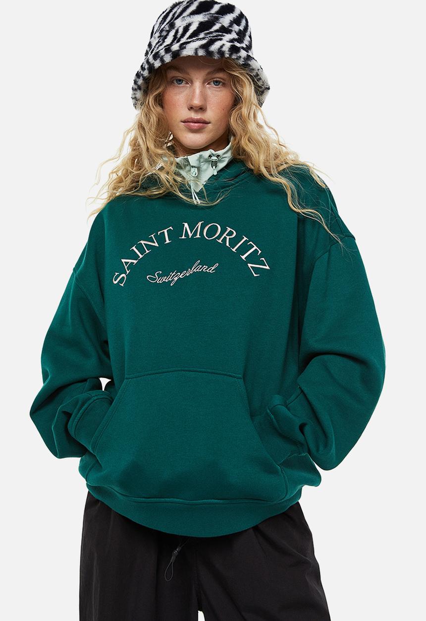 H&M - Oversized printed hoodie - dark green/saint moritz