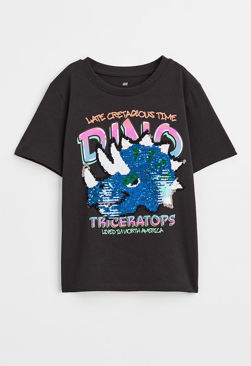 H&M - Interactive-motif t-shirt - black/triceratops
