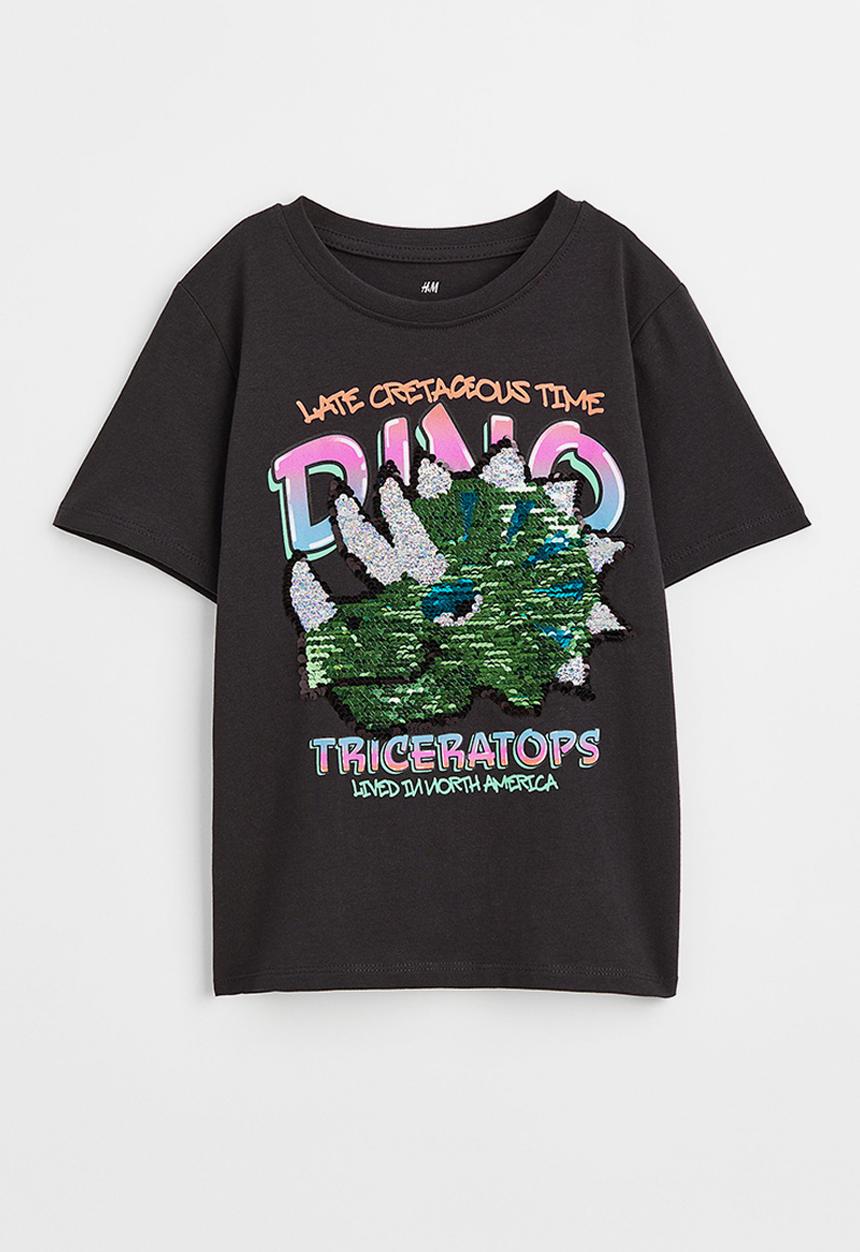 H&M - Interactive-motif t-shirt - black/triceratops