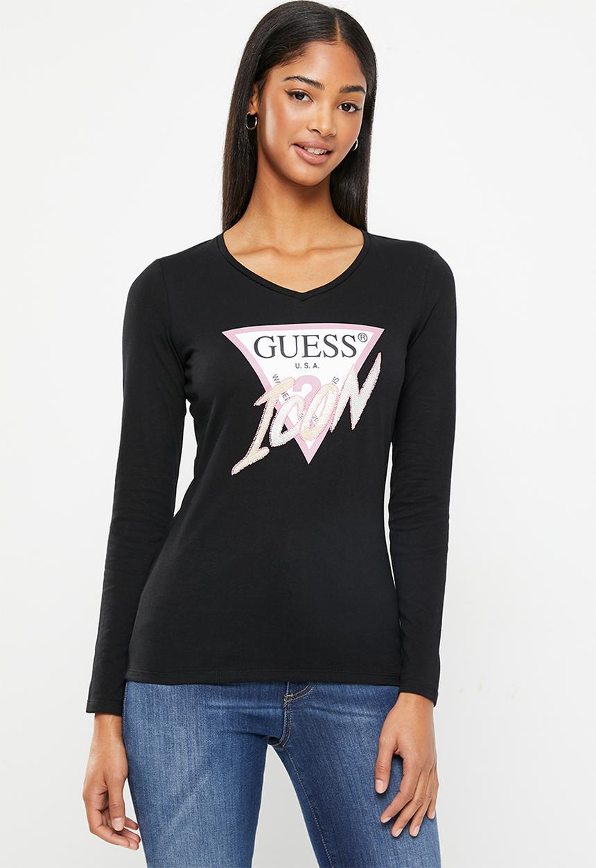 GUESS - Long sleeve v-neck icon tee - jet black