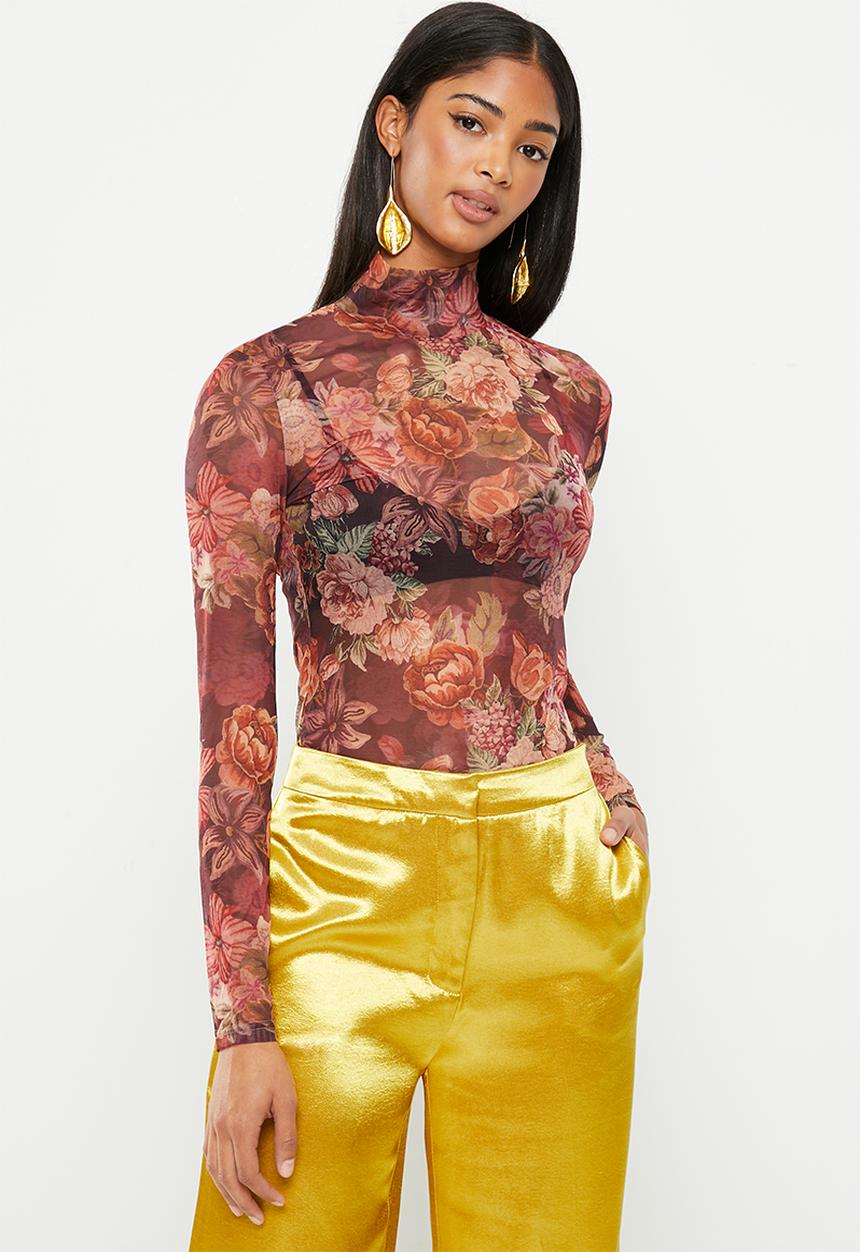 GUESS - Long sleeve kamaria top digital tapestry print - maroon