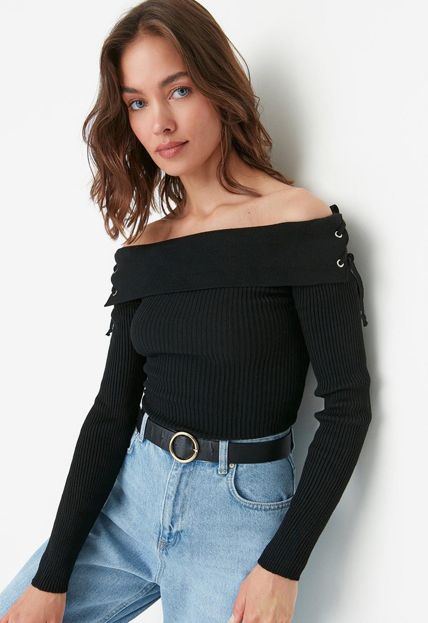 Trendyol - Tie detailed off shoulder sweater - black