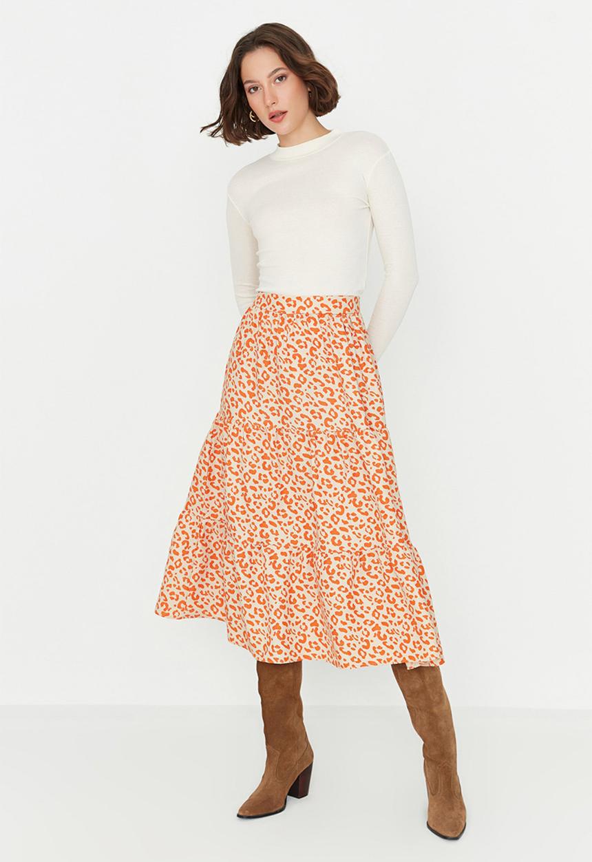 Trendyol - Tiered animal print a-line skirt - camel