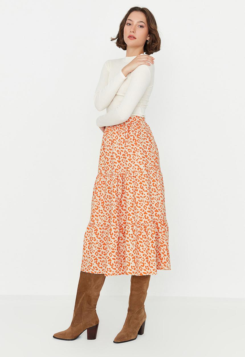 Trendyol - Tiered animal print a-line skirt - camel