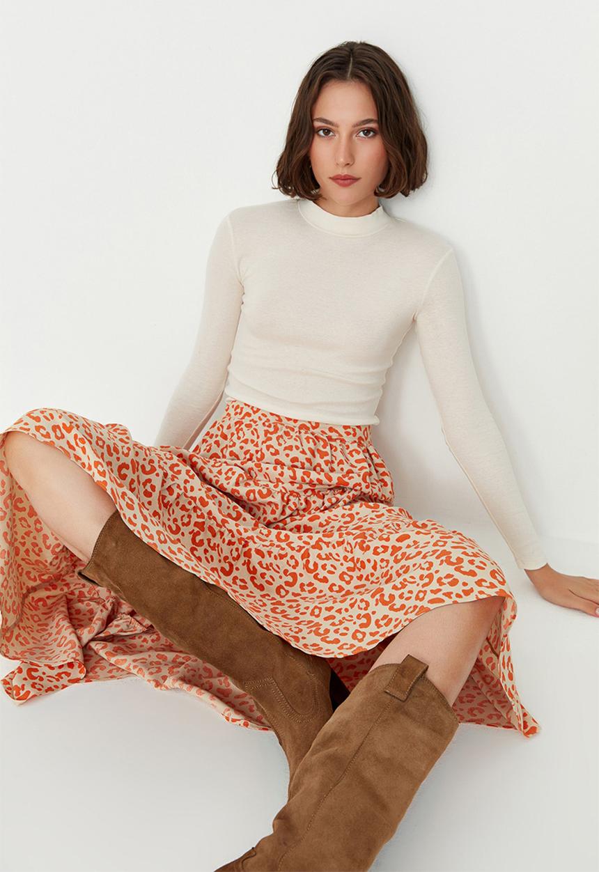 Trendyol - Tiered animal print a-line skirt - camel