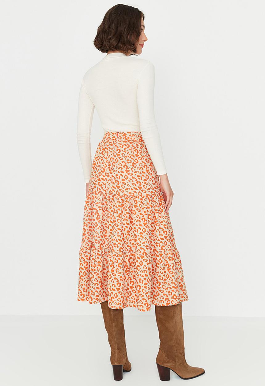 Trendyol - Tiered animal print a-line skirt - camel