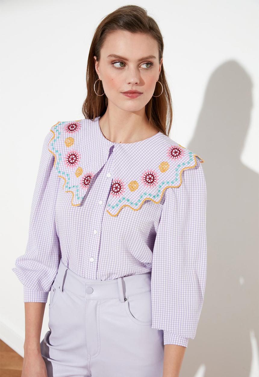 Trendyol - Check balloon sleeve shirt - lilac