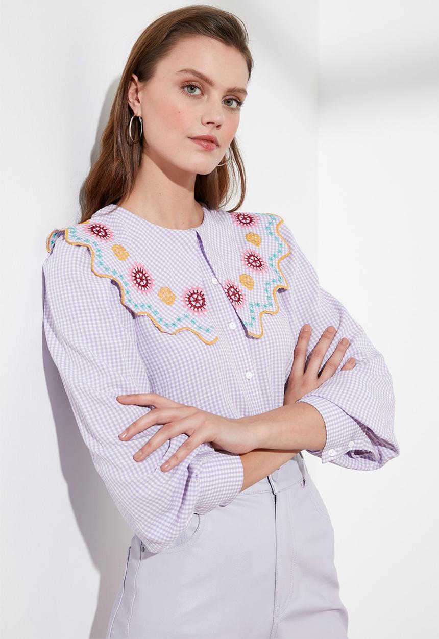 Trendyol - Check balloon sleeve shirt - lilac